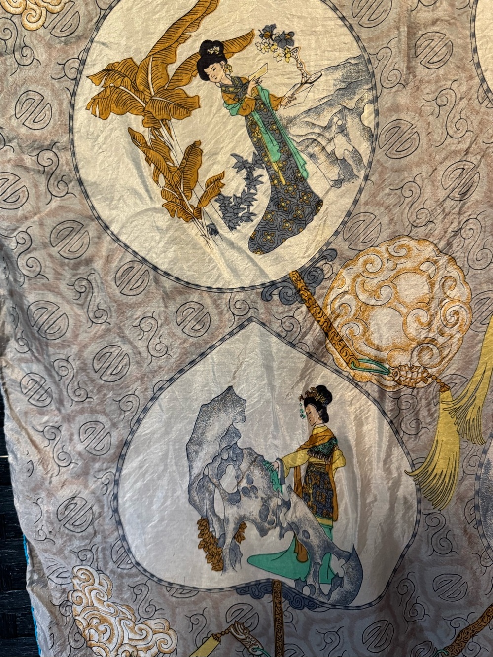 Vintage-Inspired Asian Fan Print Silk Scarf in Gold, Teal & Gray